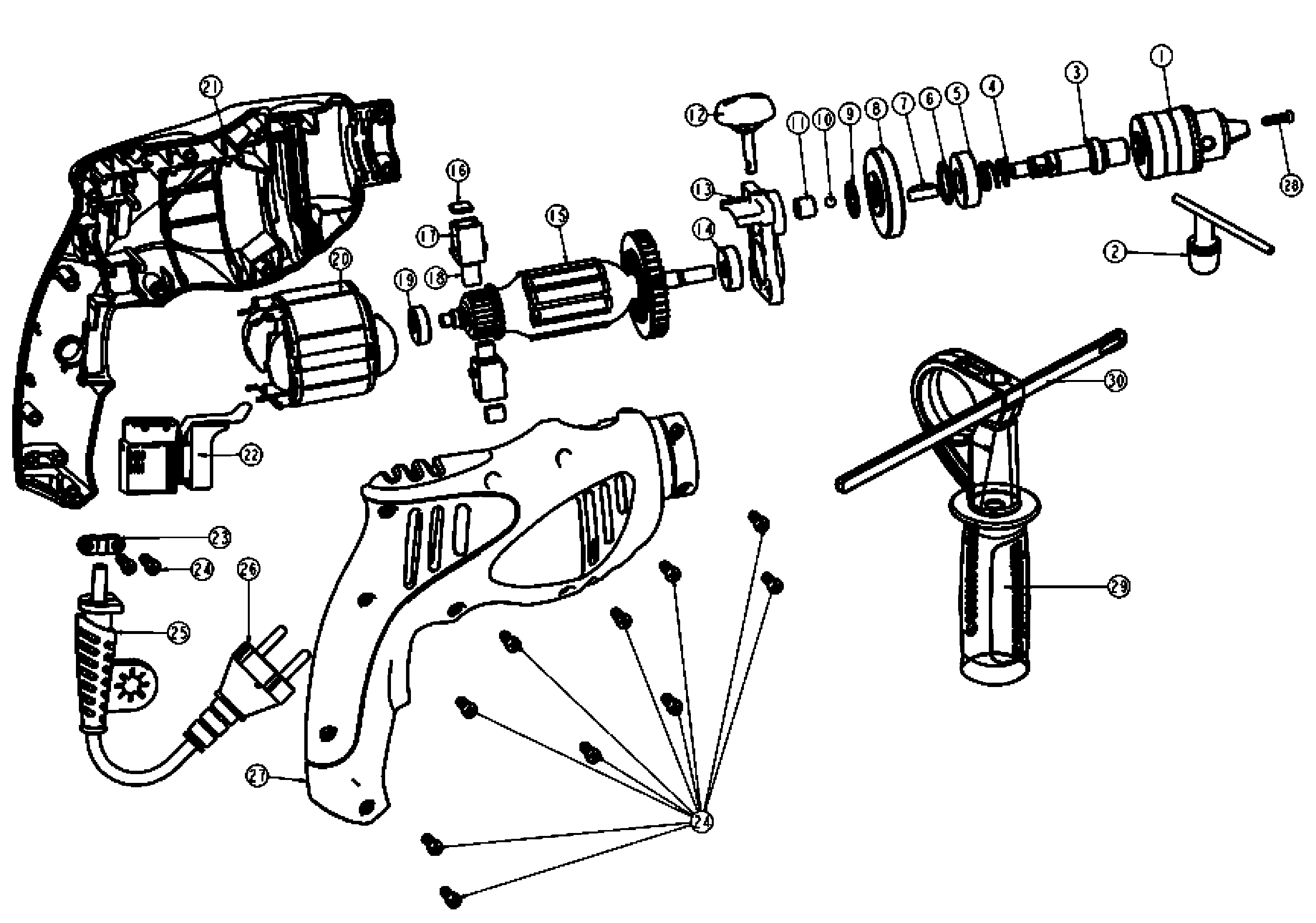 Default Diagram and Parts List for HD455KA-AR Type 1 Black and Decker Hammer Drill